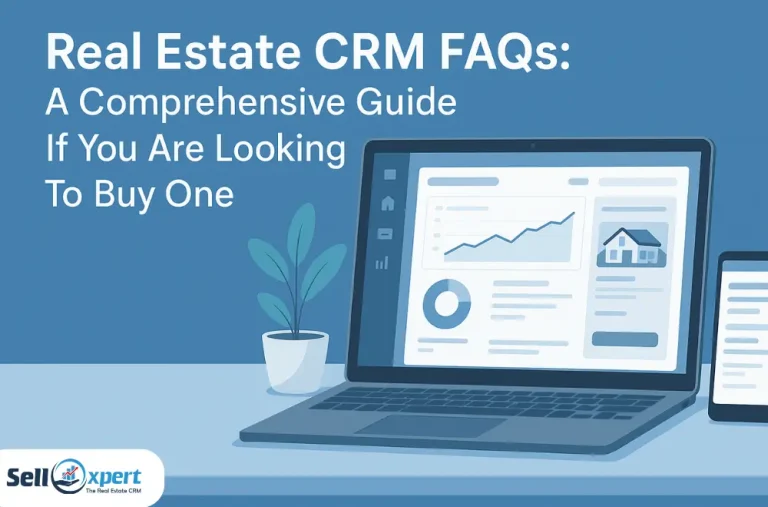 eal estate agent using CRM dashboard with icons for listings, communication, and analytics