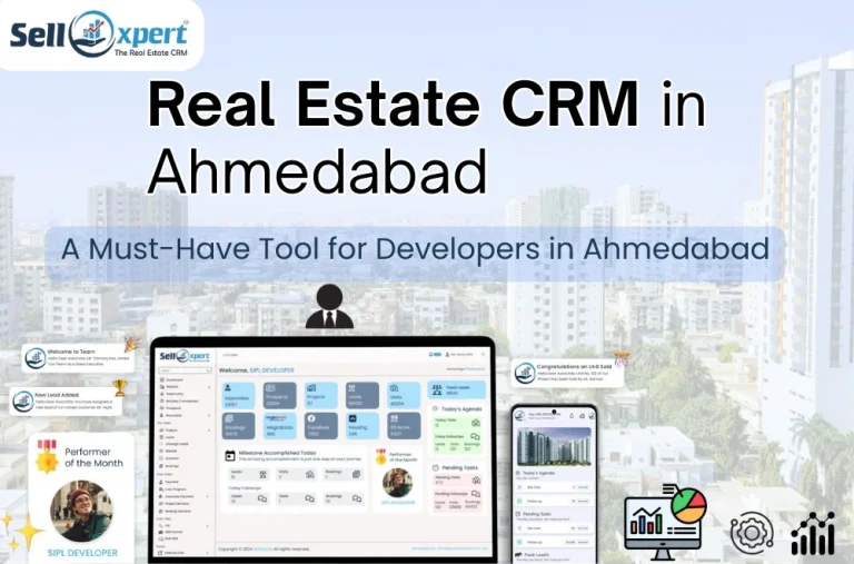 Real estate CRM in Ahmedabad dashboard showing lead sources, site visit tracking, inventory management, and sales performance for property developers