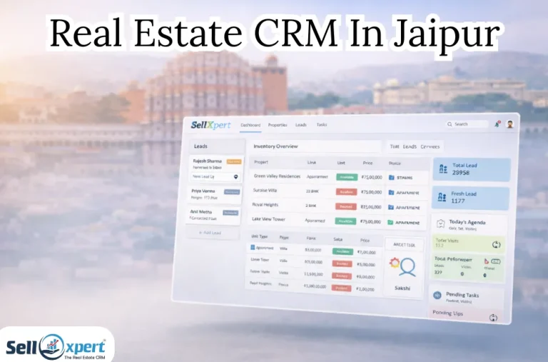 Laptop displaying a Real Estate CRM dashboard with leads, sales pipeline, and property inventory, set against a blurred Delhi skyline – representing Real Estate CRM in Jaipur.