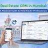 Real Estate CRM in Mumbai feature image showing SellXpert CRM dashboard on laptop and mobile, with blurred Mumbai landmark in background, representing lead management, follow-ups, projects, and bookings for real estate professionals.