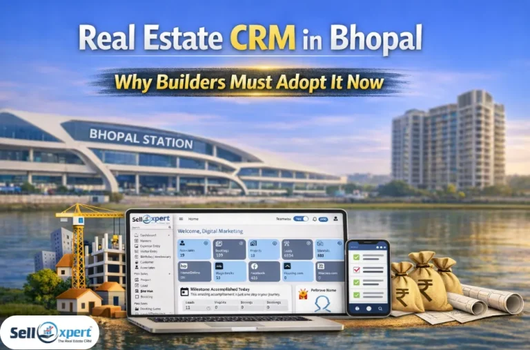 “Real Estate CRM in Bhopal showcasing Sellxpert software dashboard on laptop and mobile, with Bhopal cityscape, modern buildings, construction elements, and property symbols highlighting why builders should adopt CRM technology now