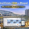 “Real Estate CRM in Bhopal showcasing Sellxpert software dashboard on laptop and mobile, with Bhopal cityscape, modern buildings, construction elements, and property symbols highlighting why builders should adopt CRM technology now