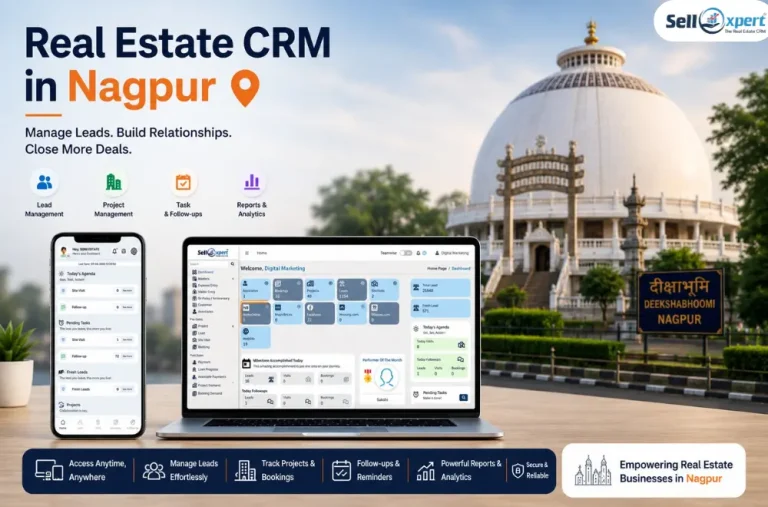 Modern Real Estate CRM in Nagpur feature image with blurred Deekshabhoomi background, showcasing CRM dashboard on mobile and laptop screens for lead management, project tracking, follow-ups, and real estate sales management.